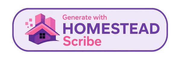 A HOMESTEAD Scribe banner with a stylised house illustration and purple and pink text.